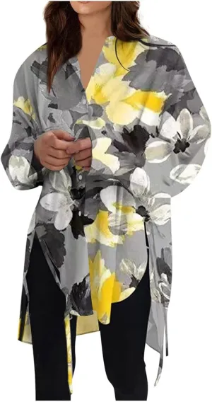 Plus Size Womens Tops Button Down Long Sleeve Boyfriend Long Shirts Fall Henley V Neck Tops Lapel Collared Blouses
