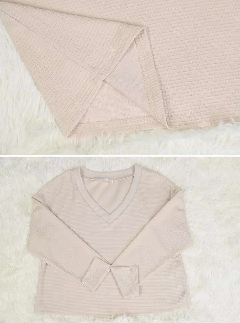 Poetsky Womens V Neck Waffle Knit Cropped Top Long Sleeve Pullover Sweater Casual Crop Shirts
