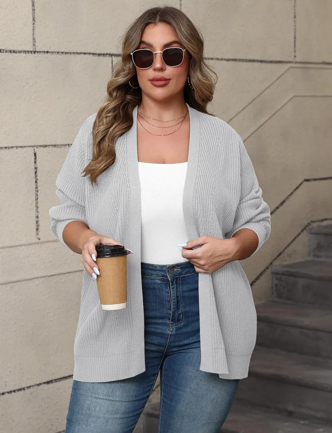 POSESHE Women's Plus Size Open Front Knit Cardigan Casual Coatigan Sweater Lady Jacket Coat 2024 Winter Outerwear