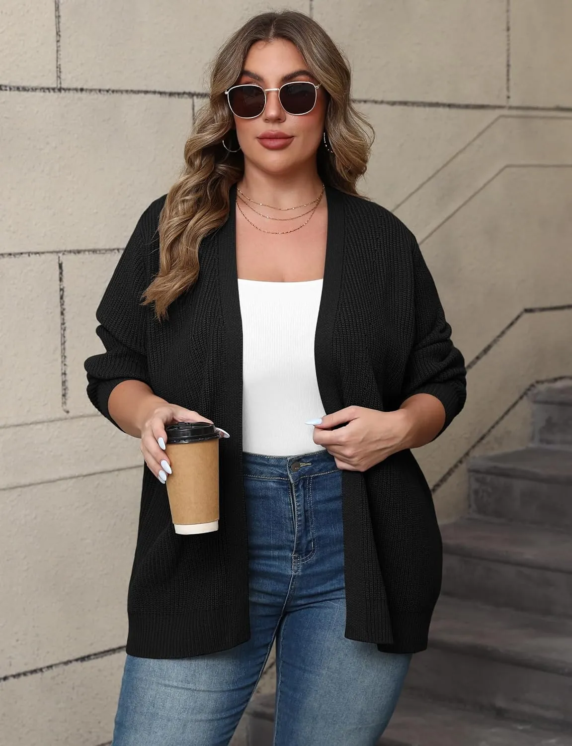 POSESHE Women's Plus Size Open Front Knit Cardigan Casual Coatigan Sweater Lady Jacket Coat 2024 Winter Outerwear