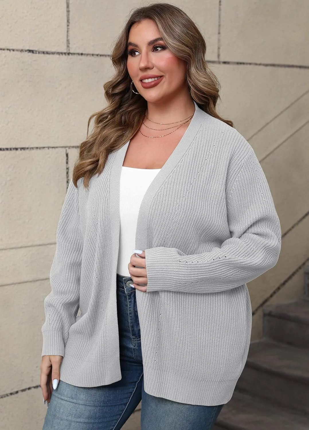 POSESHE Women's Plus Size Open Front Knit Cardigan Casual Coatigan Sweater Lady Jacket Coat 2024 Winter Outerwear
