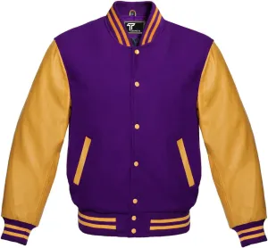 Premium Letterman Baseball School College Bomber Varsity Jacket Purple & Gold Genuine Leather Sleeves