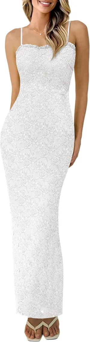 PRETTYGARDEN Women's Summer Formal Prom Dress 2025 Spaghetti Strap Lace Floral Wedding Guest Evening Bodycon Dresses