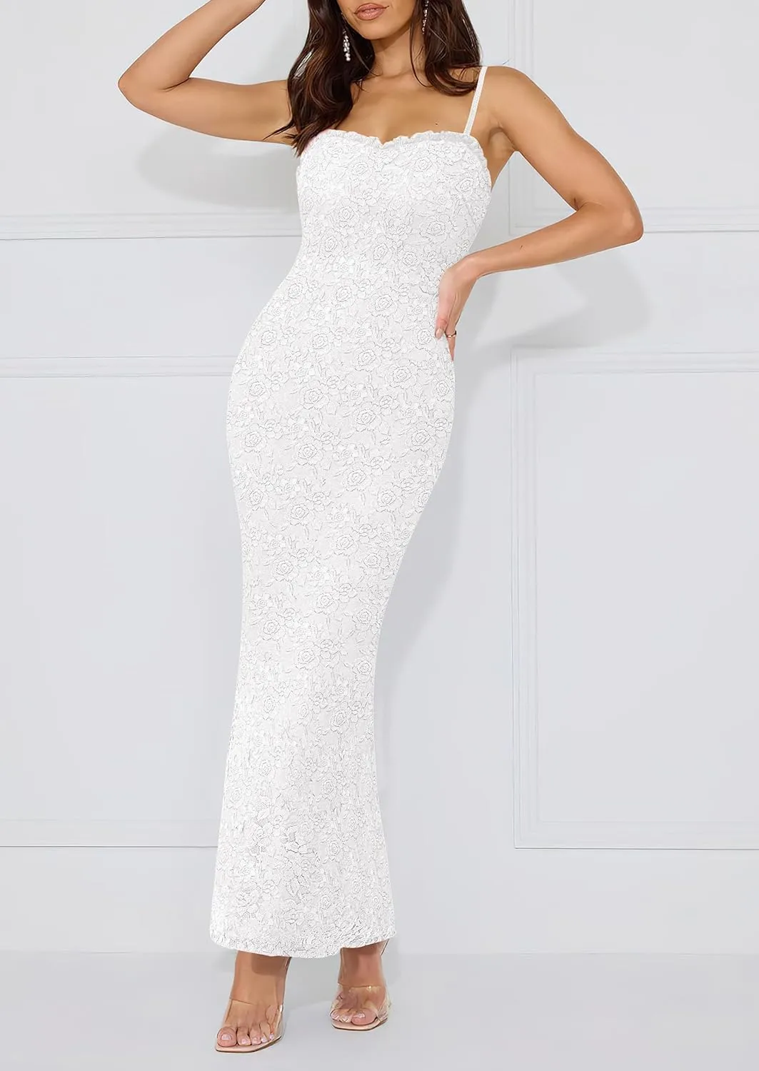 PRETTYGARDEN Women's Summer Formal Prom Dress 2025 Spaghetti Strap Lace Floral Wedding Guest Evening Bodycon Dresses