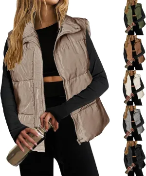 Puffer Vest Women Lightweight Zip Up Jackets with Pockets Fall Casual Stand Collar Padded Quilted Waistcoat Vest