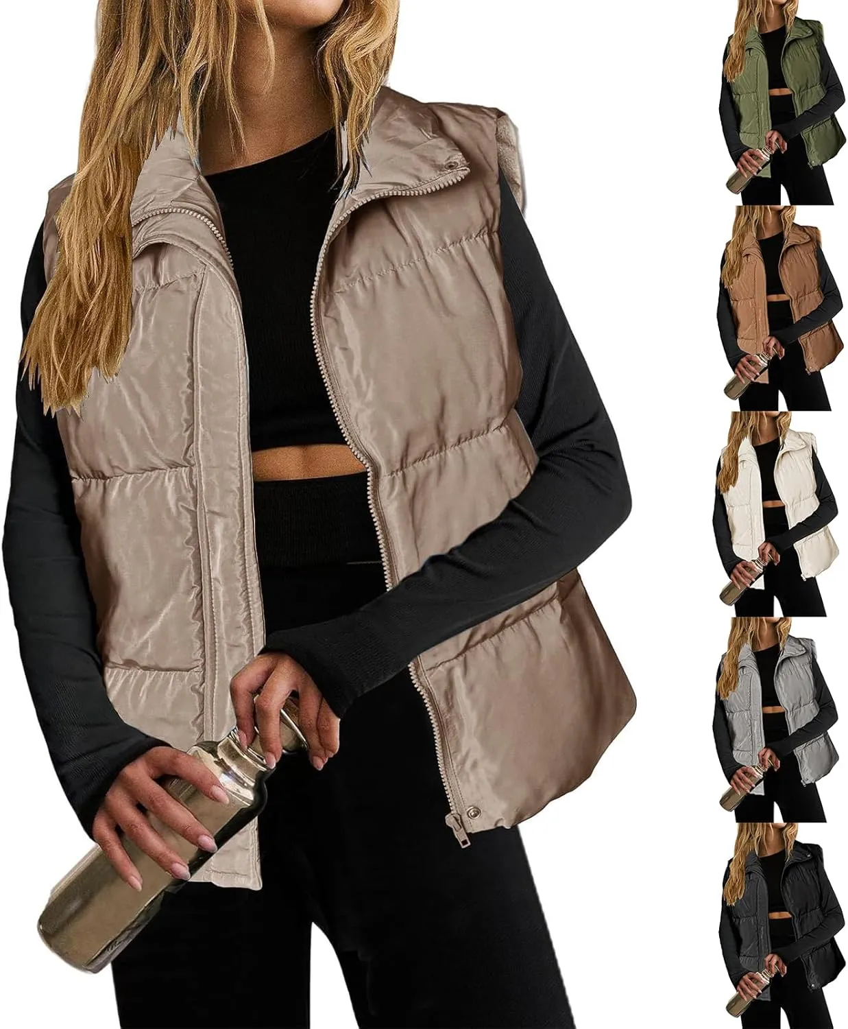 Puffer Vest Women Lightweight Zip Up Jackets with Pockets Fall Casual Stand Collar Padded Quilted Waistcoat Vest