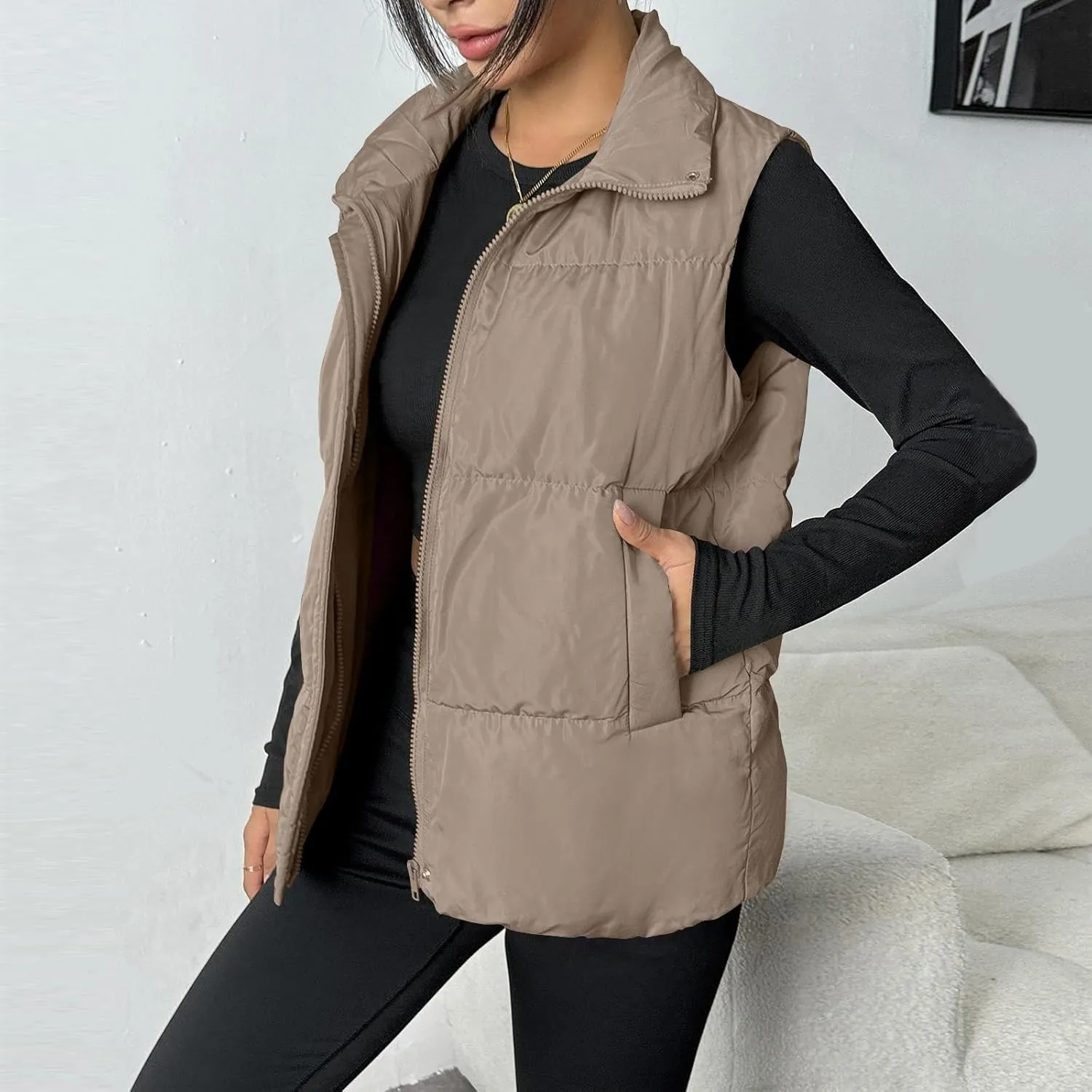 Puffer Vest Women Lightweight Zip Up Jackets with Pockets Fall Casual Stand Collar Padded Quilted Waistcoat Vest