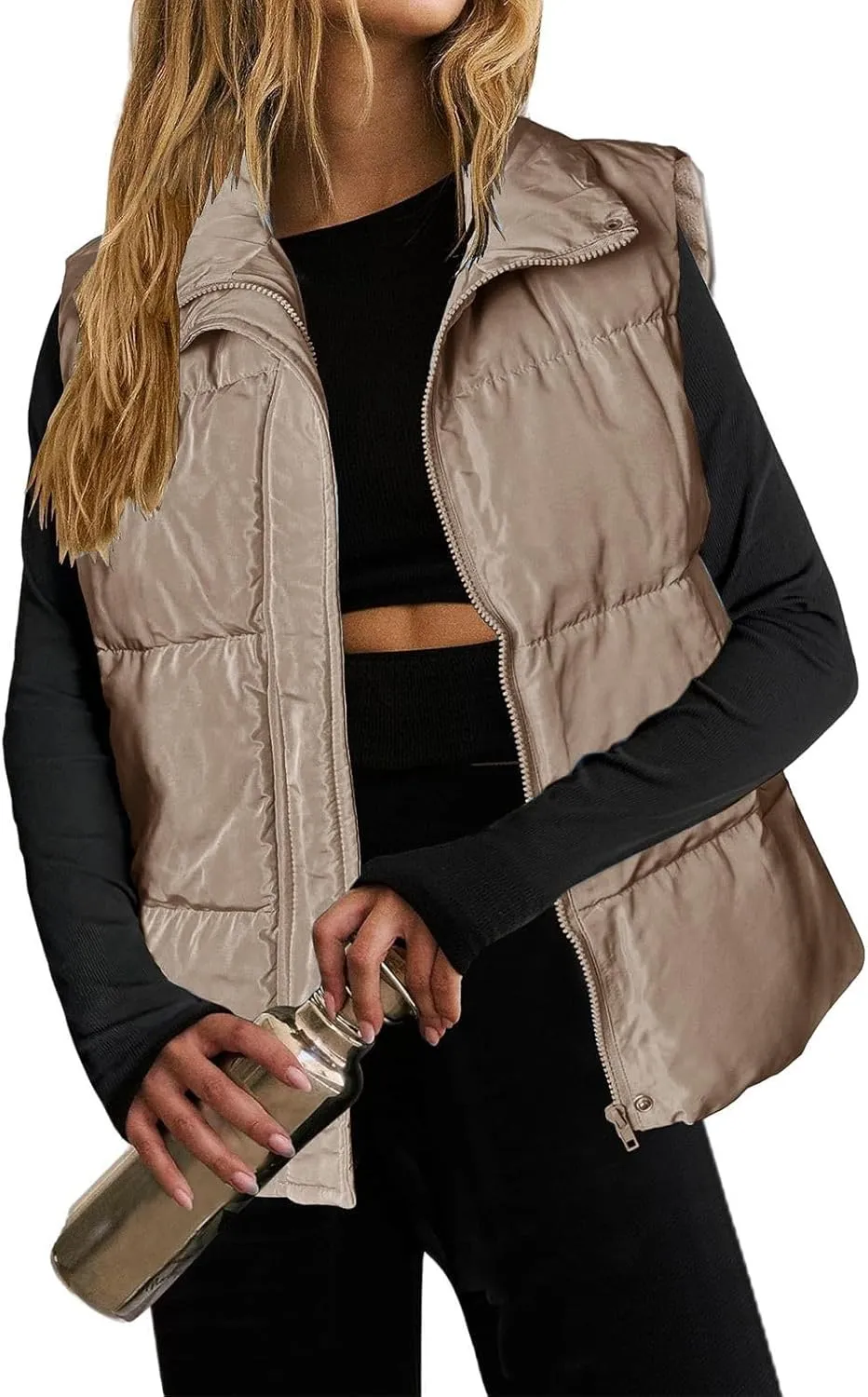 Puffer Vest Women Lightweight Zip Up Jackets with Pockets Fall Casual Stand Collar Padded Quilted Waistcoat Vest