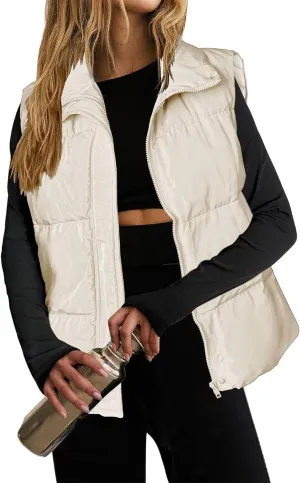 Puffer Vest Women Lightweight Zip Up Jackets with Pockets Fall Casual Stand Collar Padded Quilted Waistcoat Vest