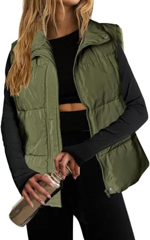 Puffer Vest Women Lightweight Zip Up Jackets with Pockets Fall Casual Stand Collar Padded Quilted Waistcoat Vest