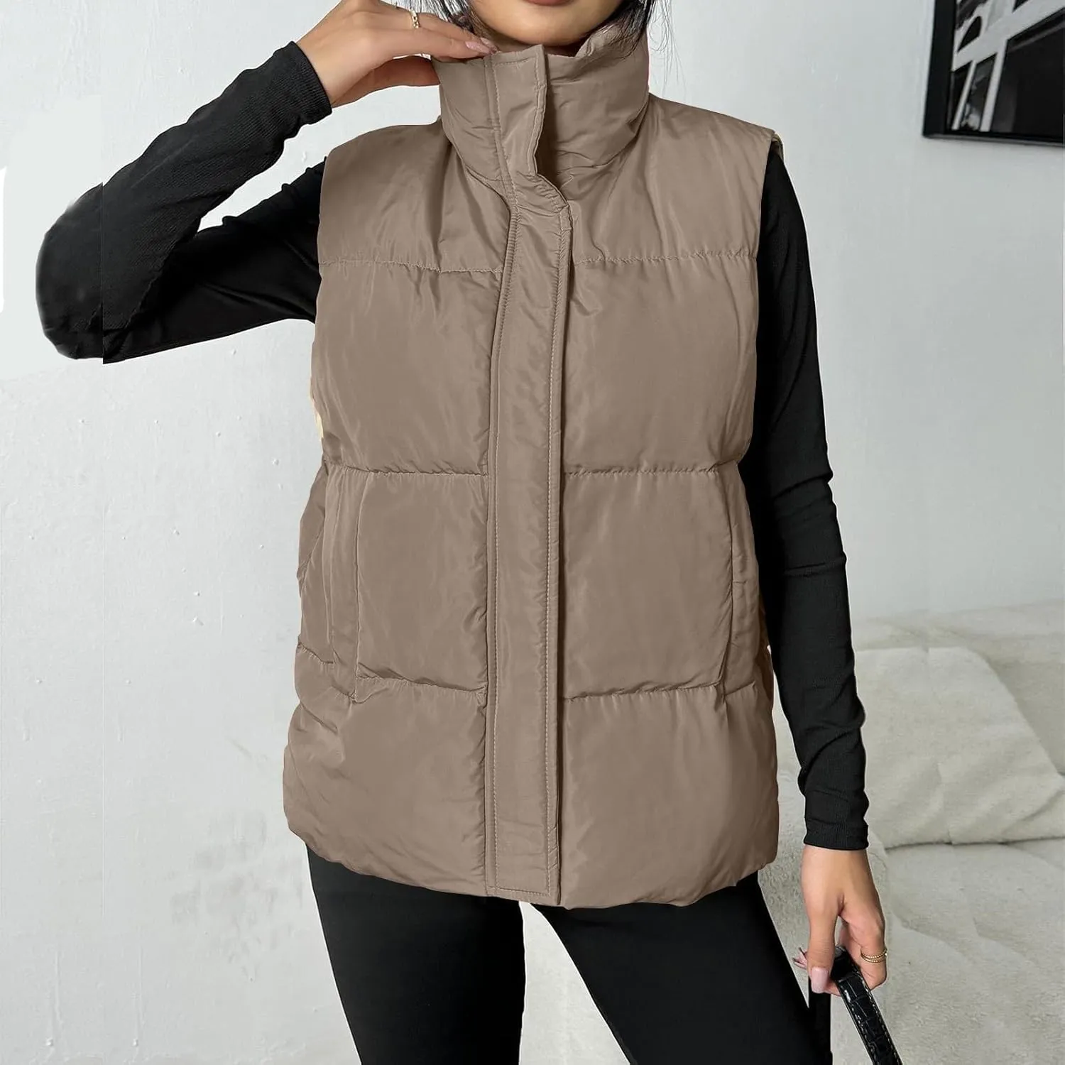 Puffer Vest Women Lightweight Zip Up Jackets with Pockets Fall Casual Stand Collar Padded Quilted Waistcoat Vest