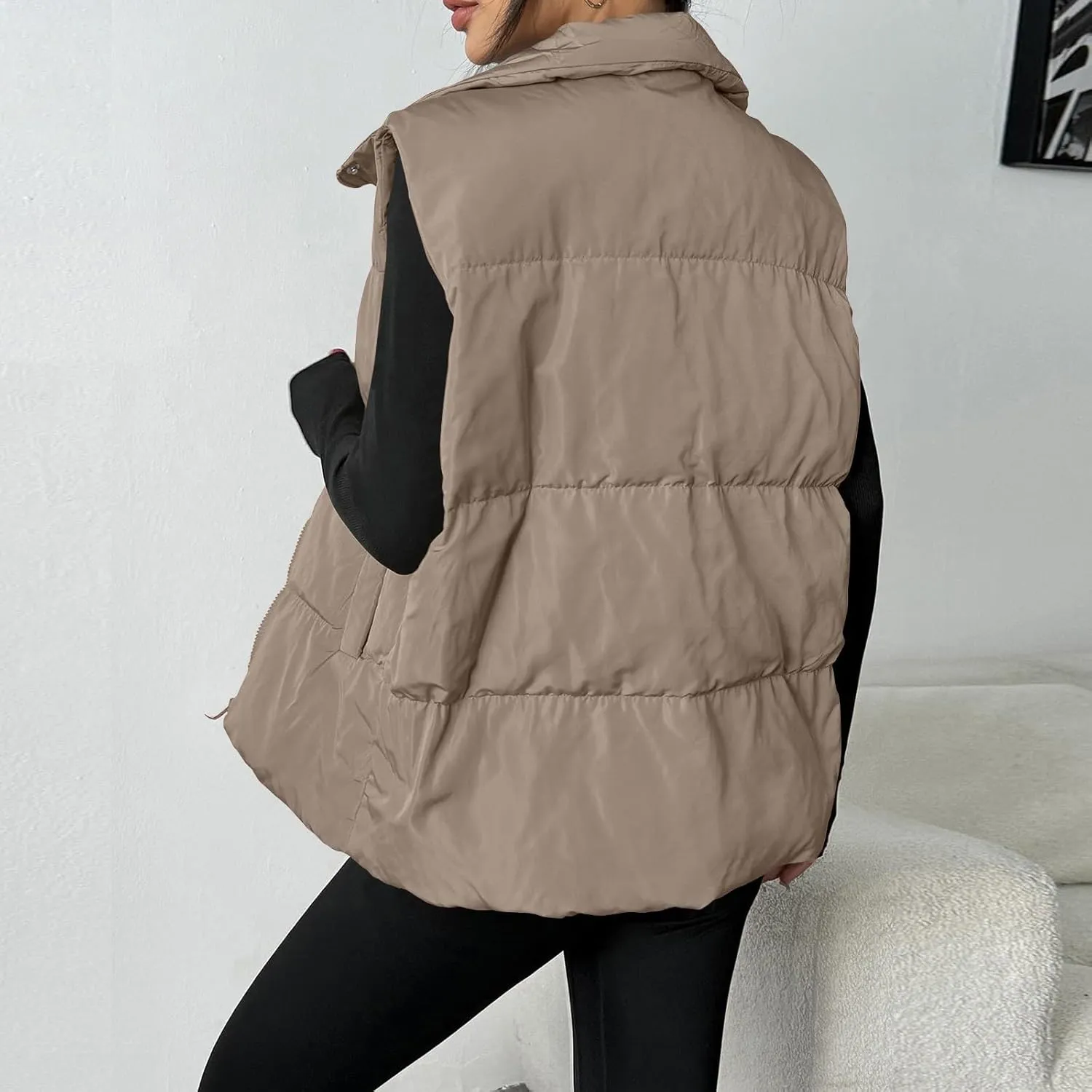 Puffer Vest Women Lightweight Zip Up Jackets with Pockets Fall Casual Stand Collar Padded Quilted Waistcoat Vest