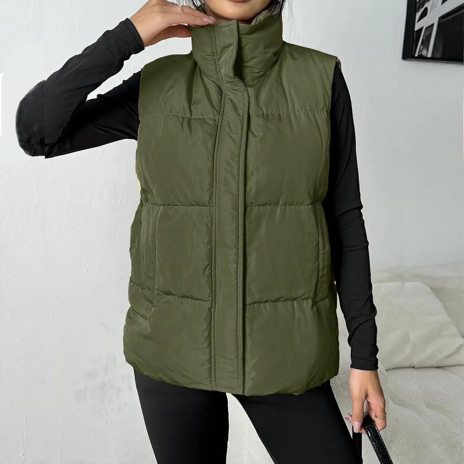 Puffer Vest Women Lightweight Zip Up Jackets with Pockets Fall Casual Stand Collar Padded Quilted Waistcoat Vest