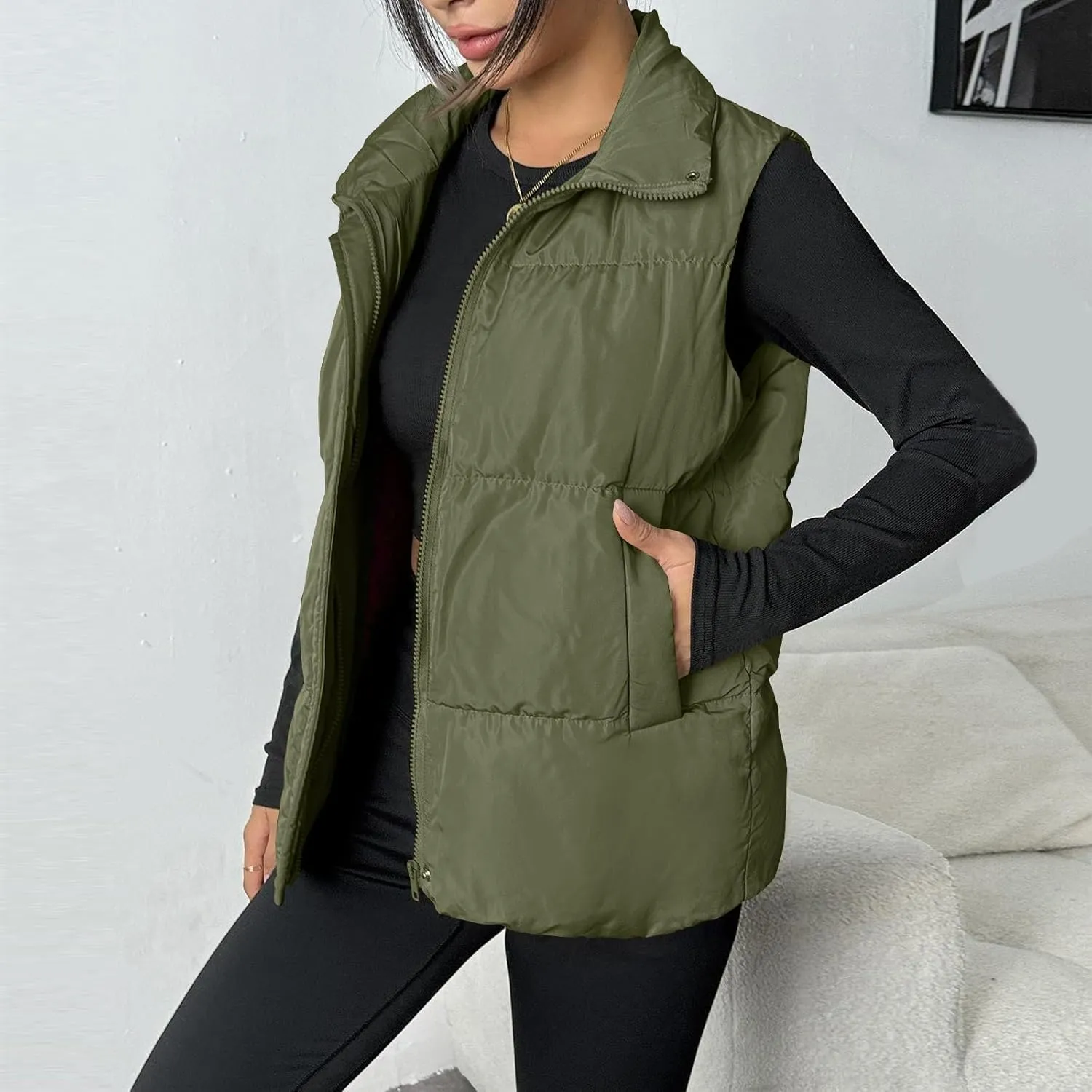 Puffer Vest Women Lightweight Zip Up Jackets with Pockets Fall Casual Stand Collar Padded Quilted Waistcoat Vest