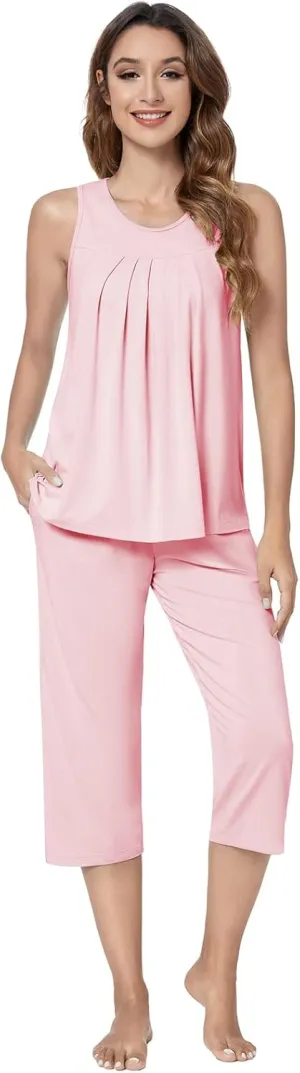 QUALFORT Bamboo Viscose Pajamas for Women Soft Capri Pants Cooling Sleepwear