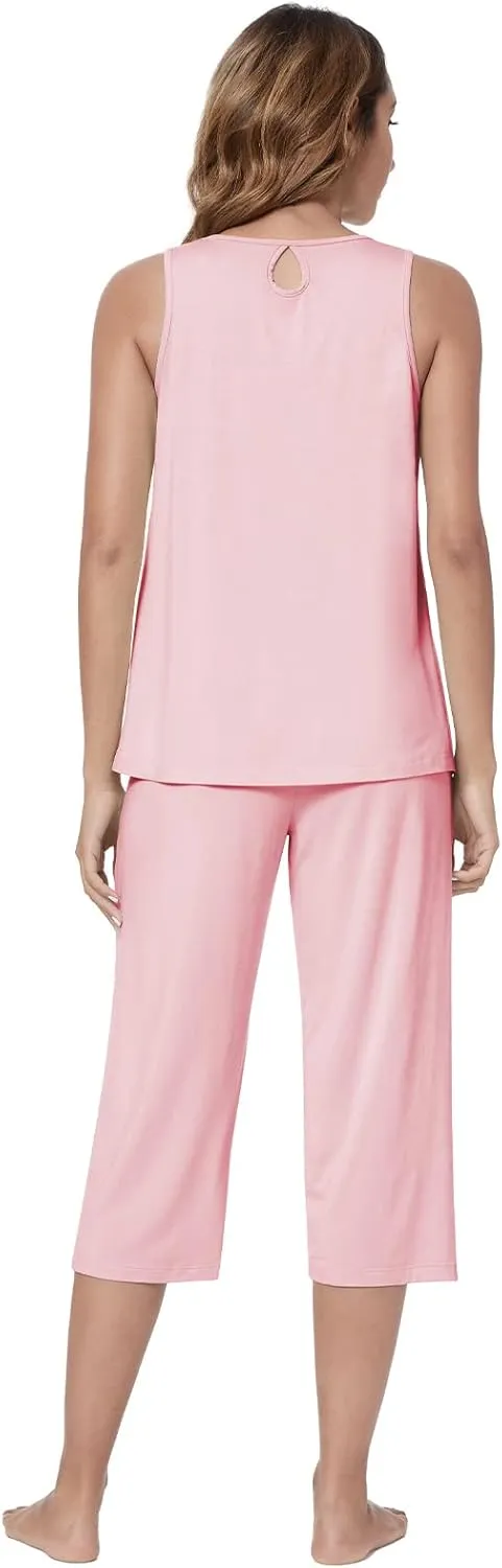 QUALFORT Bamboo Viscose Pajamas for Women Soft Capri Pants Cooling Sleepwear