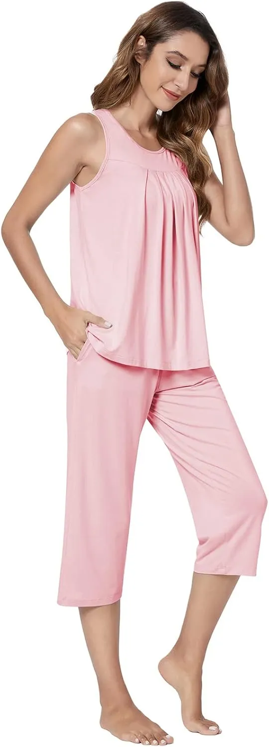 QUALFORT Bamboo Viscose Pajamas for Women Soft Capri Pants Cooling Sleepwear
