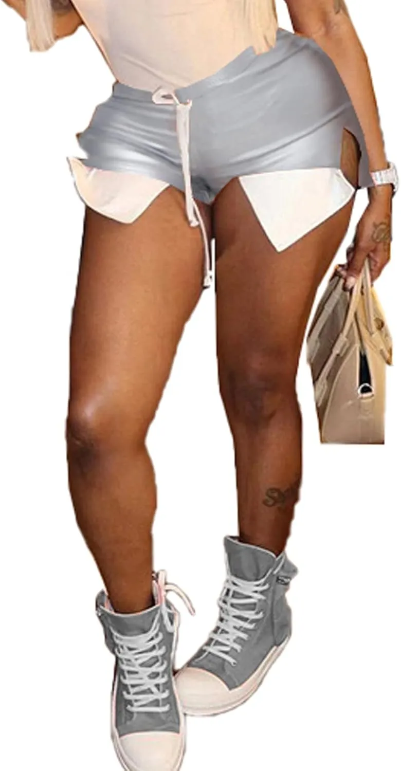 RAMOUG Women's Faux Leather Shorts Pocket Patchwork Drawstring Hot Pants