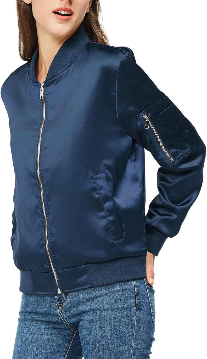 Rasujie Satin Bomber Jacket Women Zip Up Varsity Jacket Fall Windbreaker Outerwear with Pockets