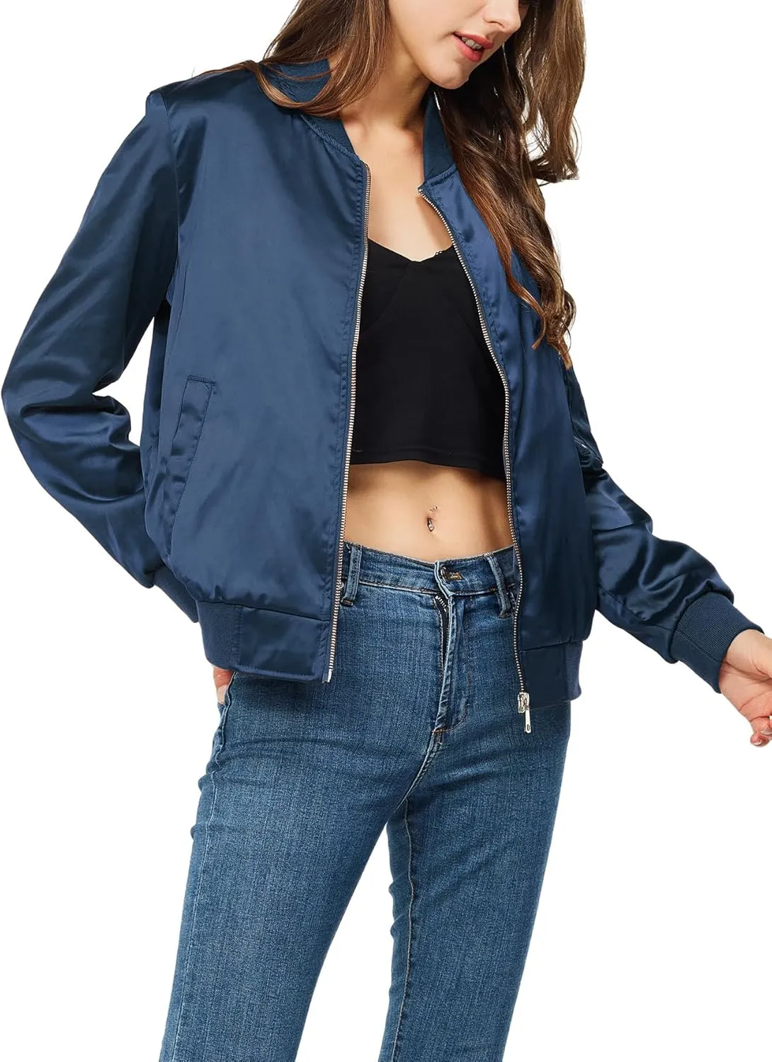 Rasujie Satin Bomber Jacket Women Zip Up Varsity Jacket Fall Windbreaker Outerwear with Pockets