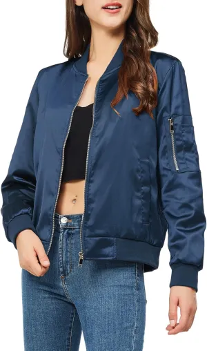 Rasujie Satin Bomber Jacket Women Zip Up Varsity Jacket Fall Windbreaker Outerwear with Pockets