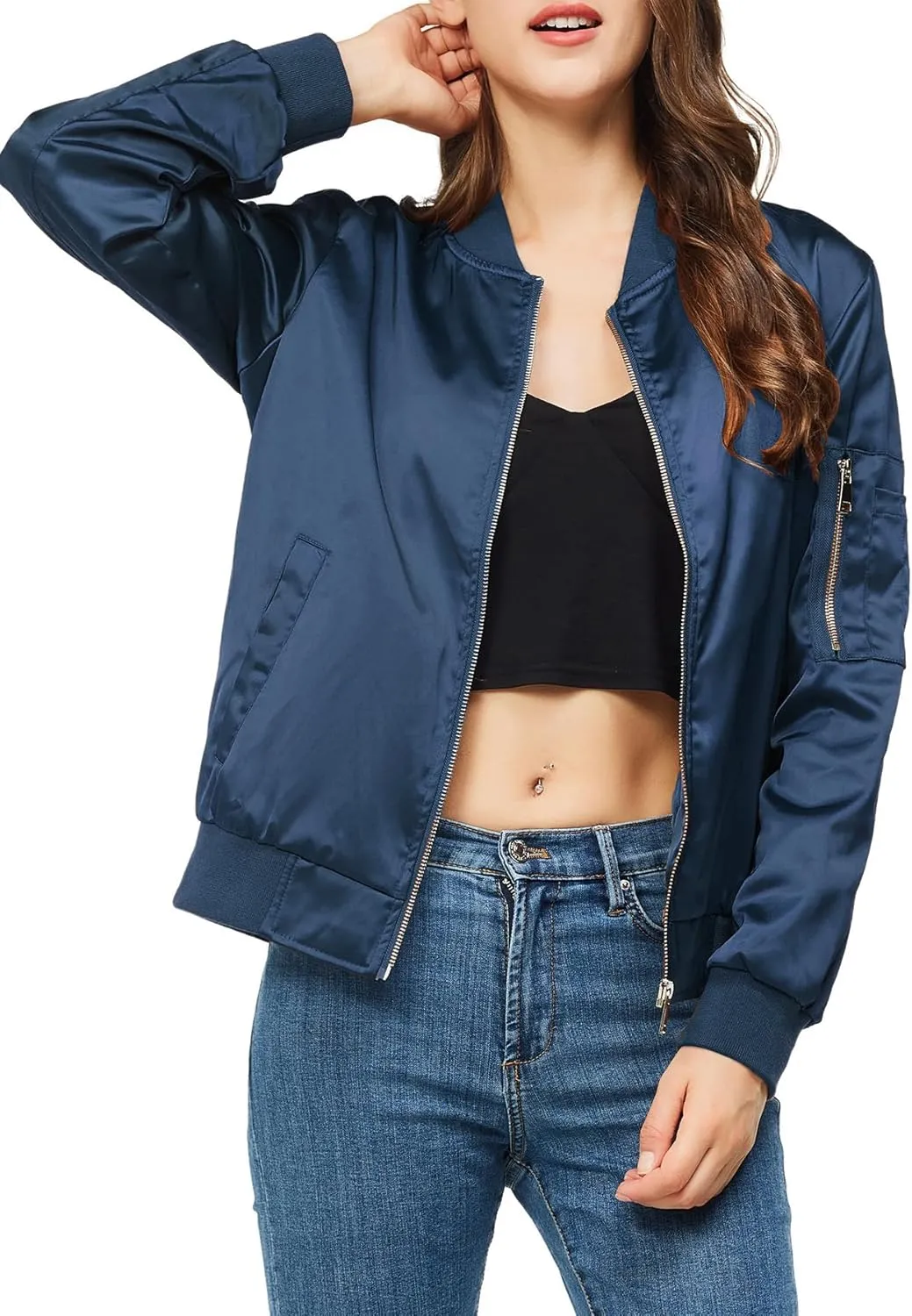 Rasujie Satin Bomber Jacket Women Zip Up Varsity Jacket Fall Windbreaker Outerwear with Pockets