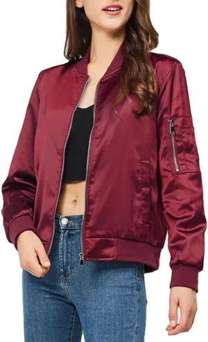 Rasujie Satin Bomber Jacket Women Zip Up Varsity Jacket Fall Windbreaker Outerwear with Pockets