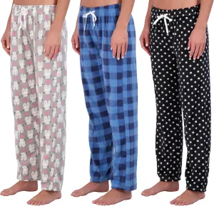 Real Essentials 3 Pack: Womens Fleece Ultra-Soft Comfy Pajama Lounge Pants Sleepwear (Available in Plus Size)