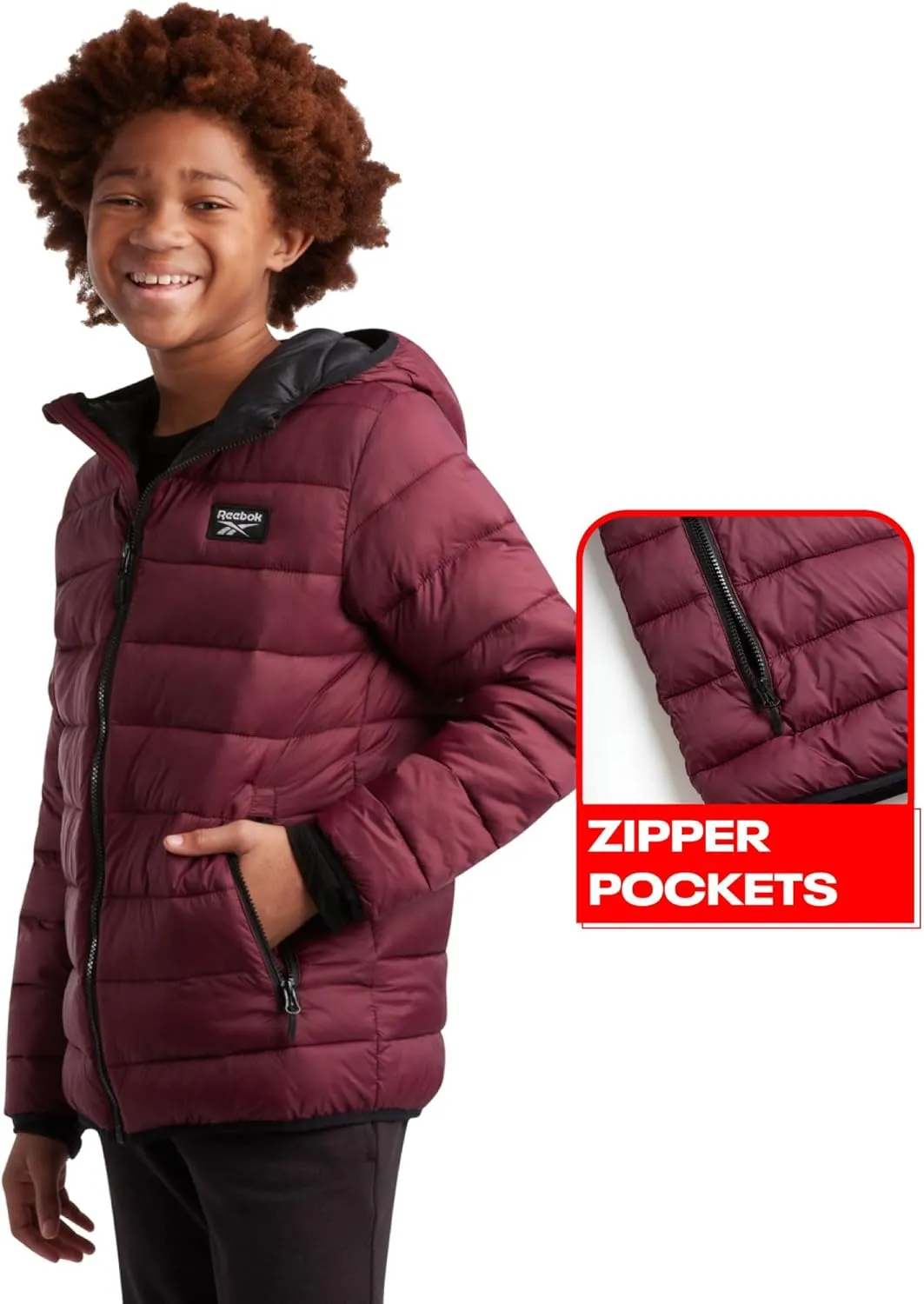 Reebok Boys Jacket  Water Resistant Midweight Quilted Puffer Coat  Insulated Outerwear Down Coat for Boys (4-20)