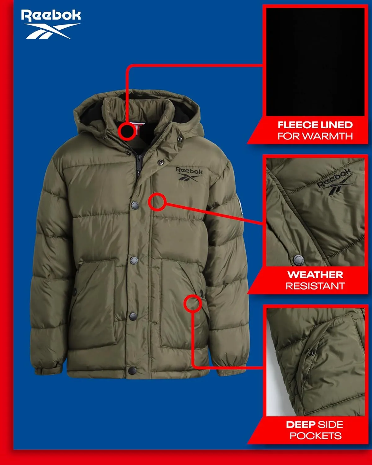 Reebok Boys' Winter Coat - Heavyweight Quilted Puffer Snow Parka - Weather Resistant Ski Jacket for Boys (8-20)