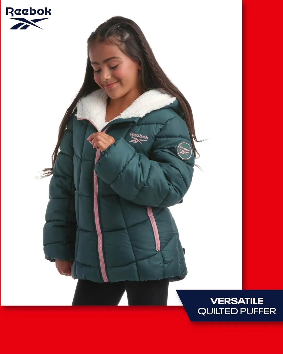 Reebok Girls' Winter Jacket - Heavyweight Quilted Puffer Parka Coat - Sherpa Lined Ski Jacket for Girls (4-16)