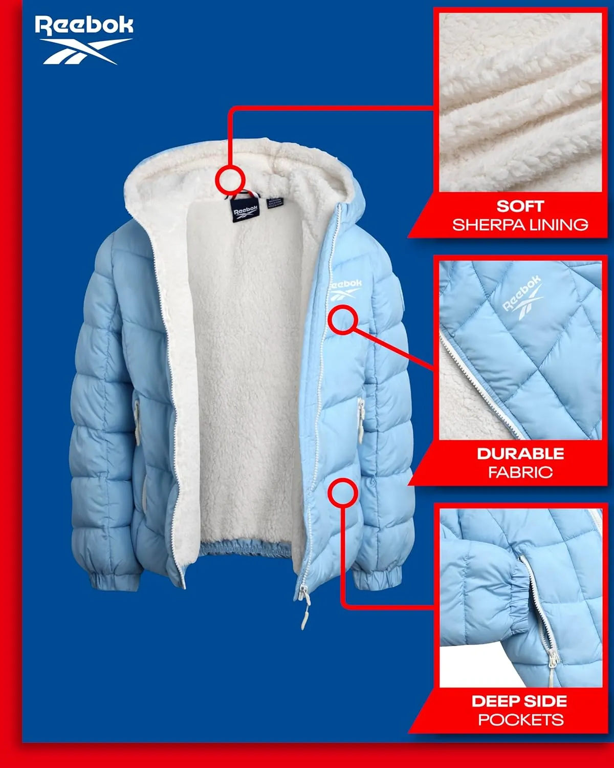Reebok Girls' Winter Jacket - Heavyweight Quilted Puffer Parka Coat - Sherpa Lined Ski Jacket for Girls (4-16)