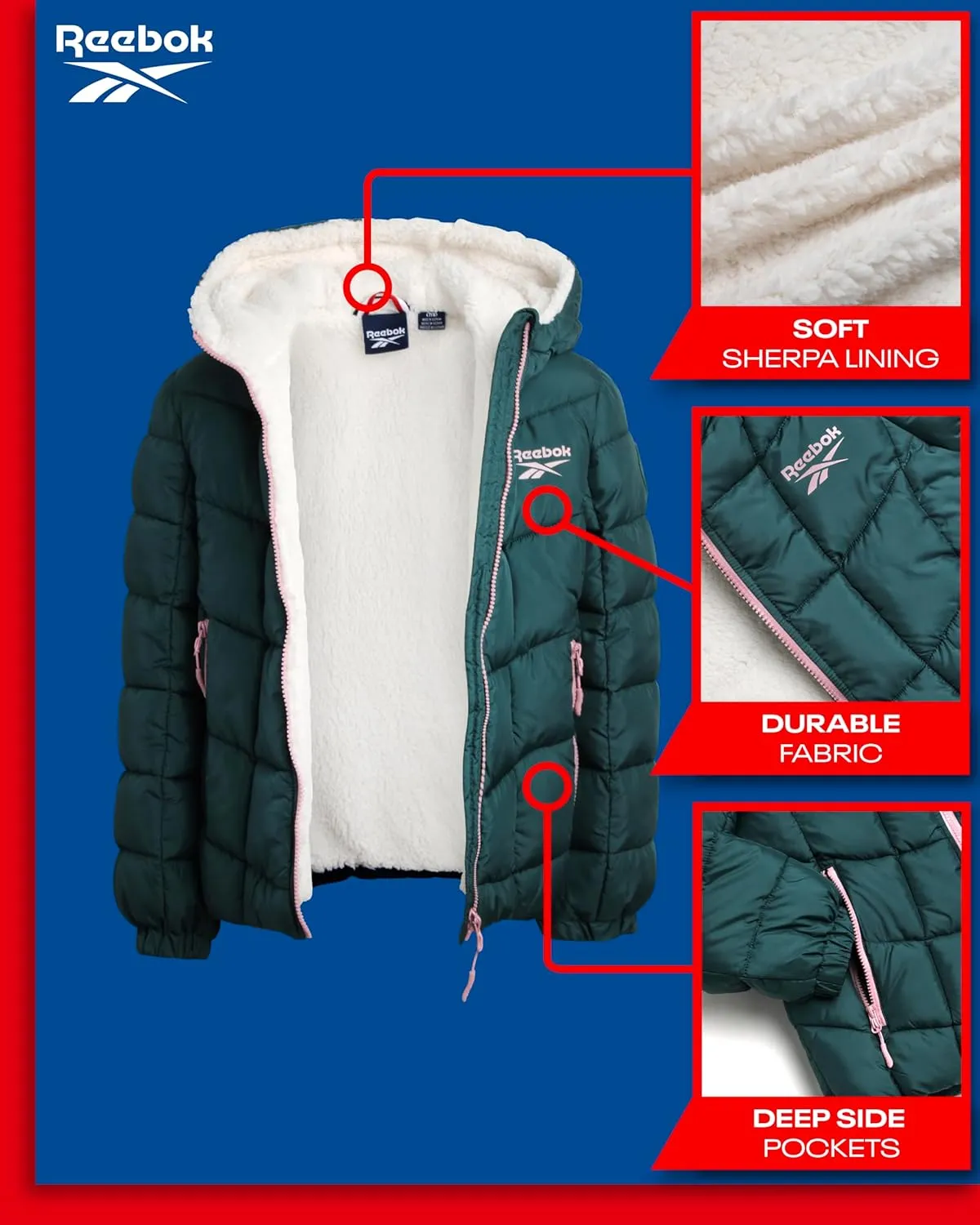 Reebok Girls' Winter Jacket - Heavyweight Quilted Puffer Parka Coat - Sherpa Lined Ski Jacket for Girls (4-16)