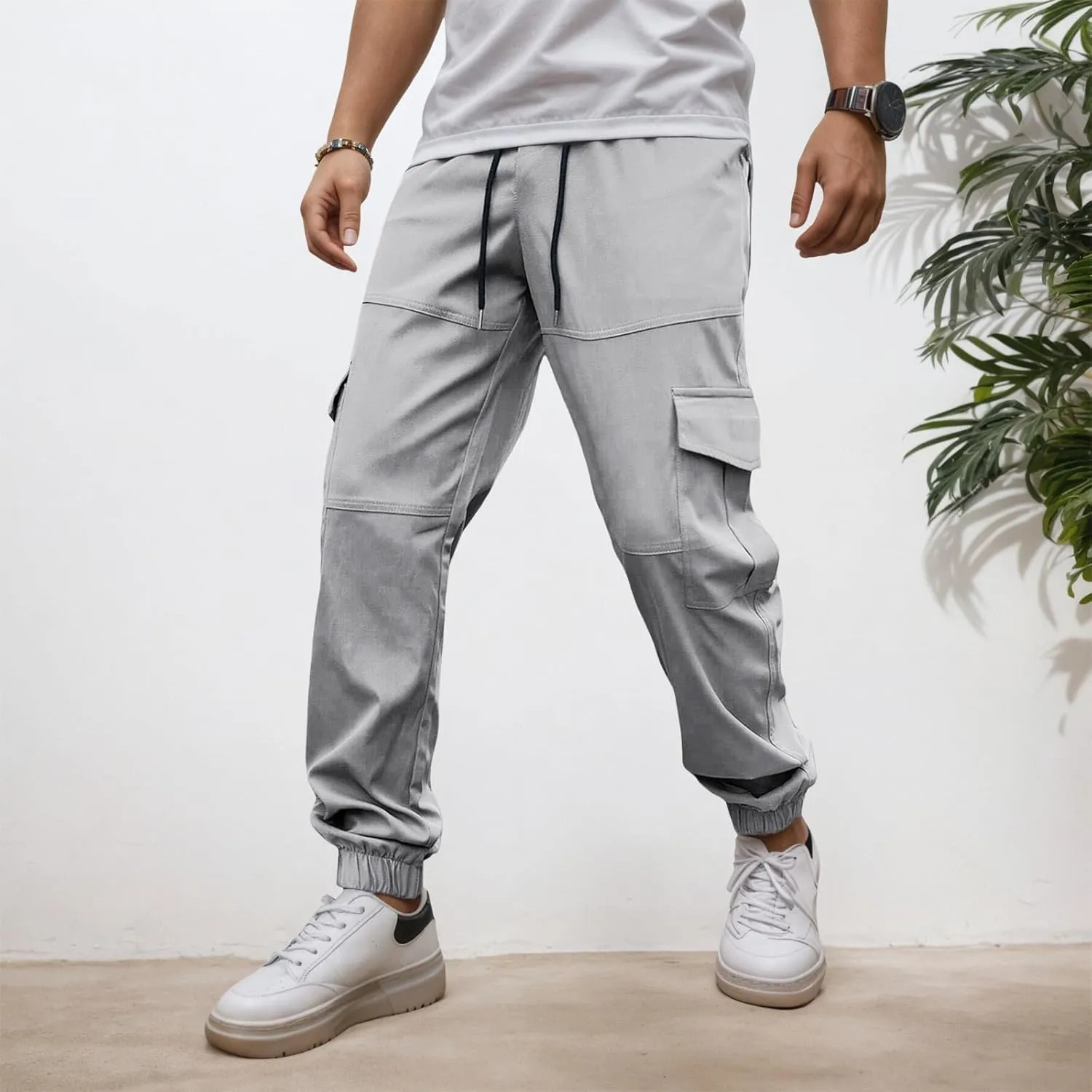Relaxed Fit Cargo Pants for Men Stretch Casual Outdoor Hiking Harem Pants Elastic Waisted Drawstring Vintage Sweatpants