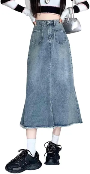Retro Denim Skirt, Long Skirt, high Waisted, Casual A-line Skirt, Harajuku Denim Large Swing Skirt