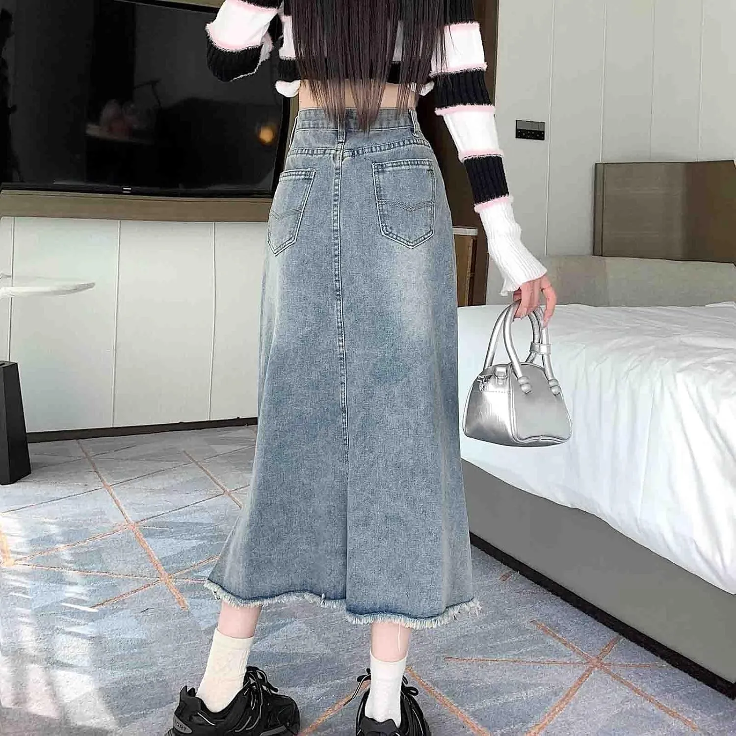 Retro Denim Skirt, Long Skirt, high Waisted, Casual A-line Skirt, Harajuku Denim Large Swing Skirt
