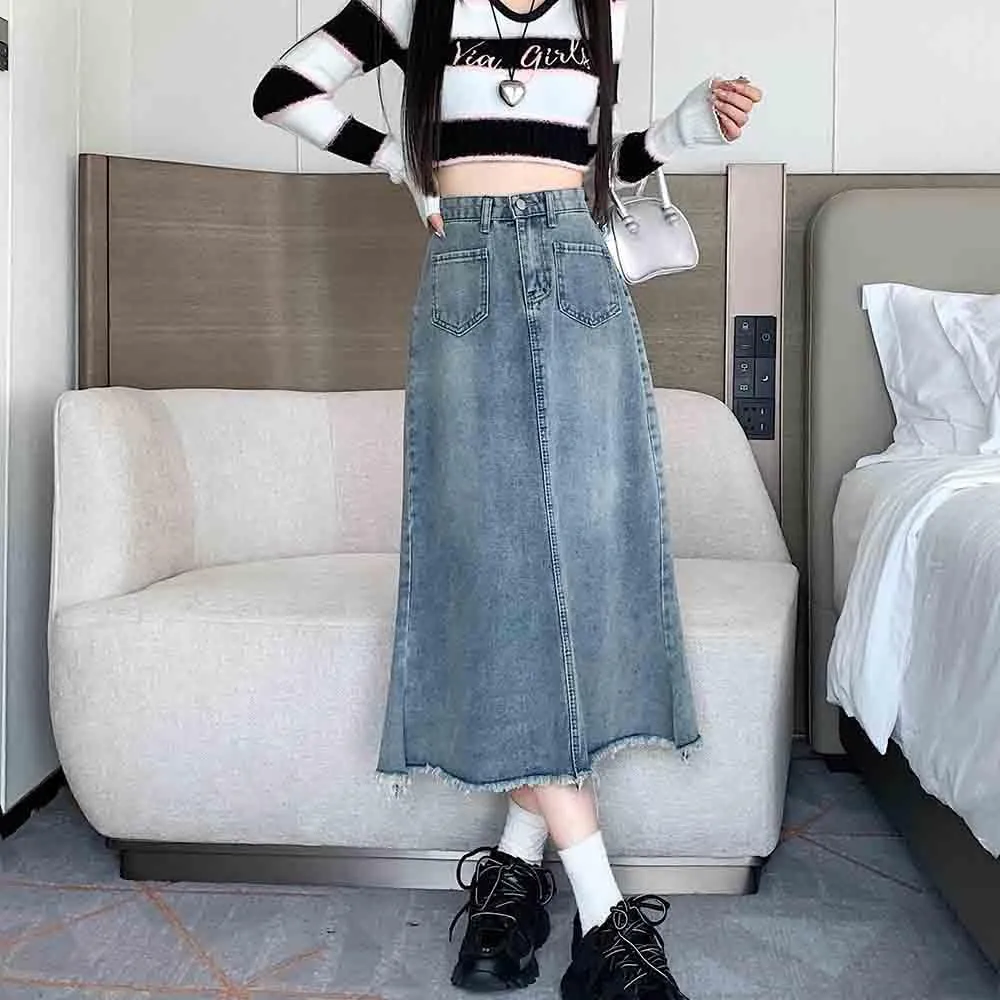 Retro Denim Skirt, Long Skirt, high Waisted, Casual A-line Skirt, Harajuku Denim Large Swing Skirt