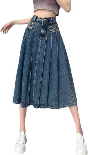 Retro Pleated Denim Skirt, Women's A-line midi Skirt, Swinging Denim Long Skirt, Casual Pocket Long Skirt