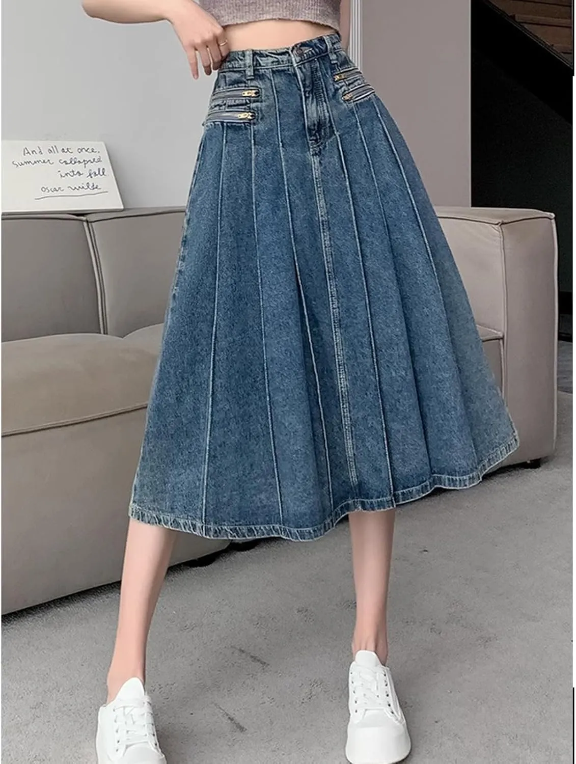 Retro Pleated Denim Skirt, Women's A-line midi Skirt, Swinging Denim Long Skirt, Casual Pocket Long Skirt
