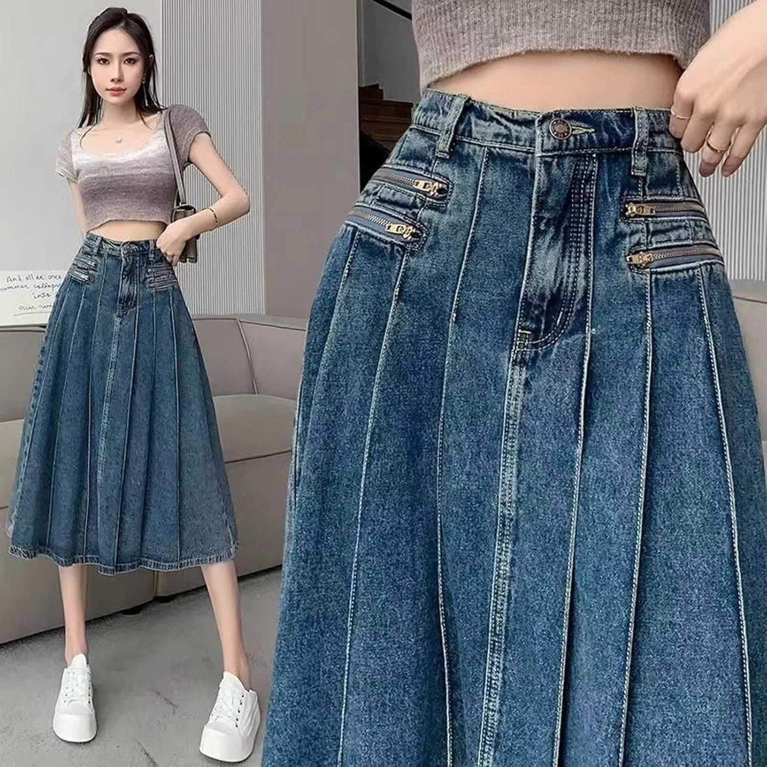 Retro Pleated Denim Skirt, Women's A-line midi Skirt, Swinging Denim Long Skirt, Casual Pocket Long Skirt