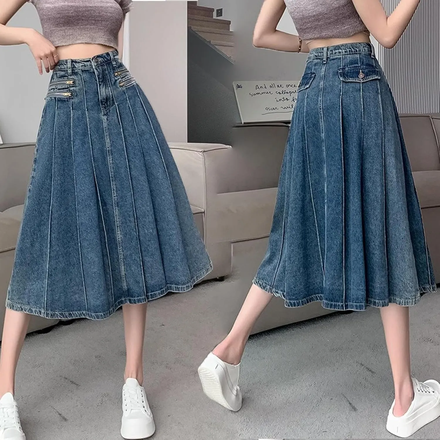 Retro Pleated Denim Skirt, Women's A-line midi Skirt, Swinging Denim Long Skirt, Casual Pocket Long Skirt