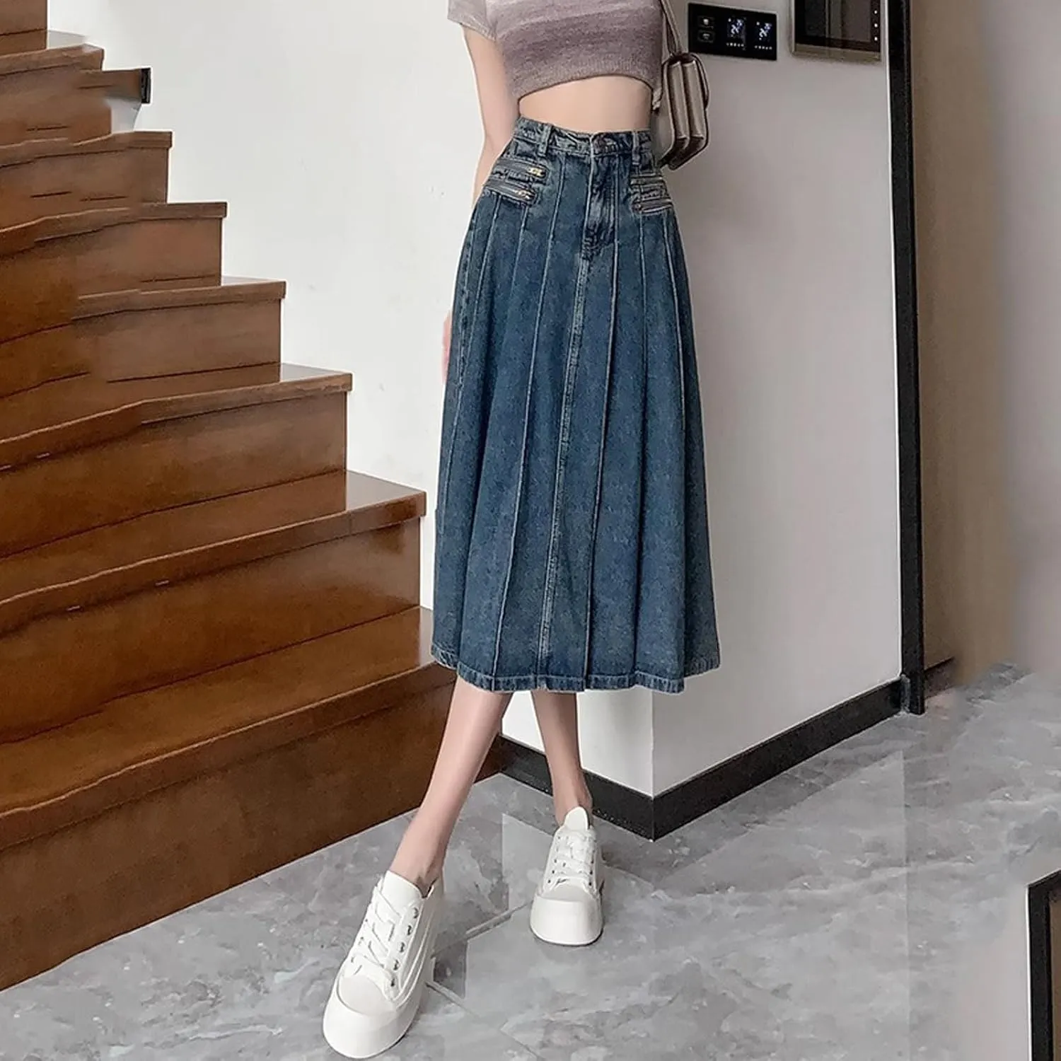 Retro Pleated Denim Skirt, Women's A-line midi Skirt, Swinging Denim Long Skirt, Casual Pocket Long Skirt