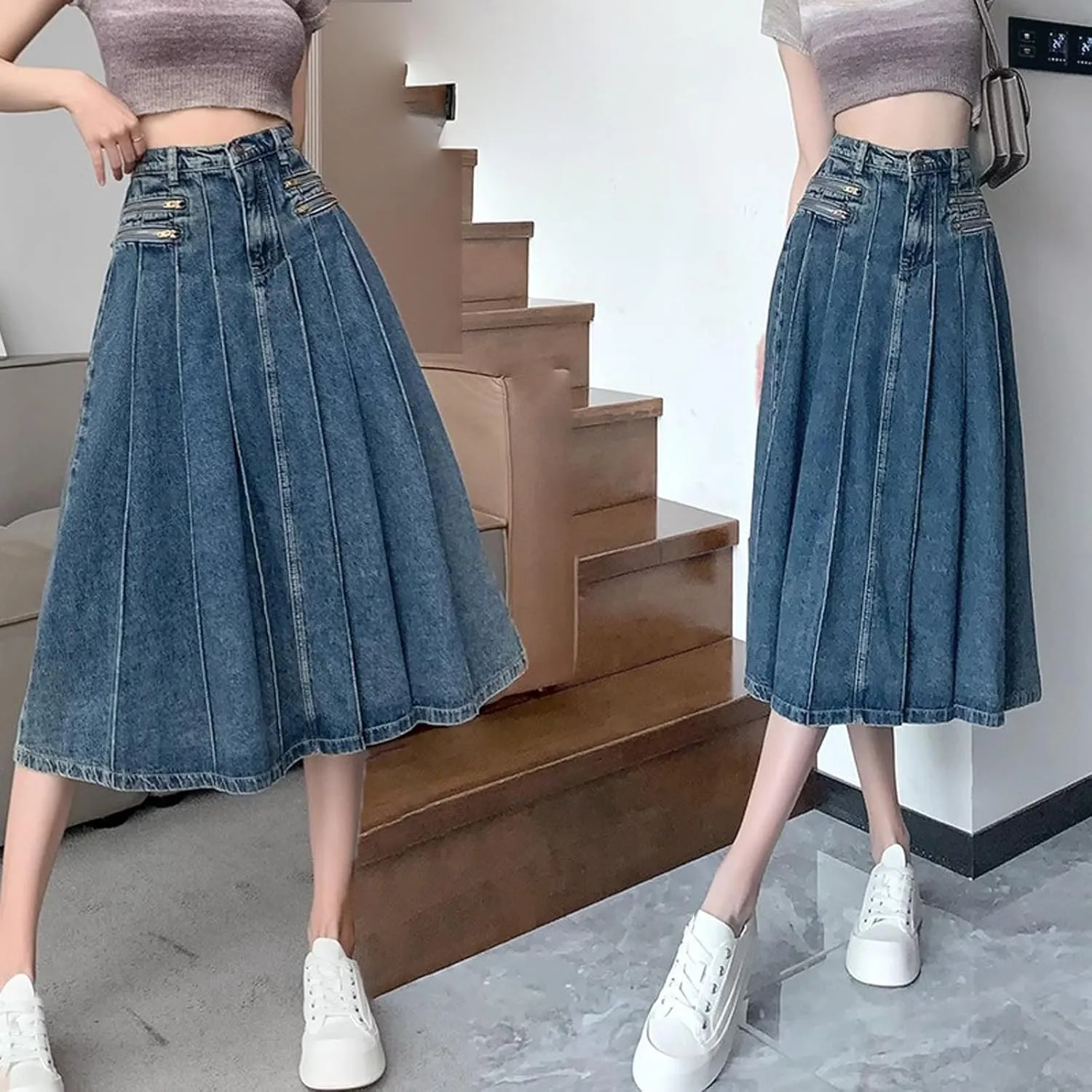 Retro Pleated Denim Skirt, Women's A-line midi Skirt, Swinging Denim Long Skirt, Casual Pocket Long Skirt