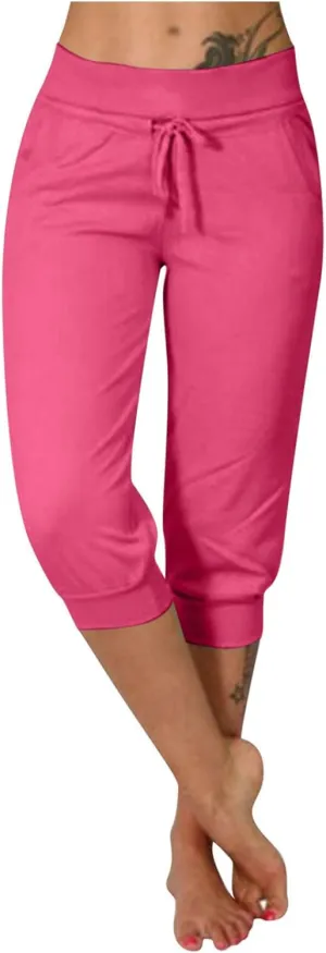 RKSTN Women's Yoga Pants Stretchy Soft Drawstring Workout Capri Pants Outdoor Athletic Causal Capris with Pockets