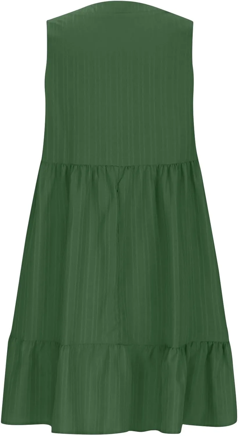 Ruffle Hem Beach Sundress for Women Summer Casual Wrinkles Sleeveless V Neck Tank Dresss Cute Babydoll Mini Dresses