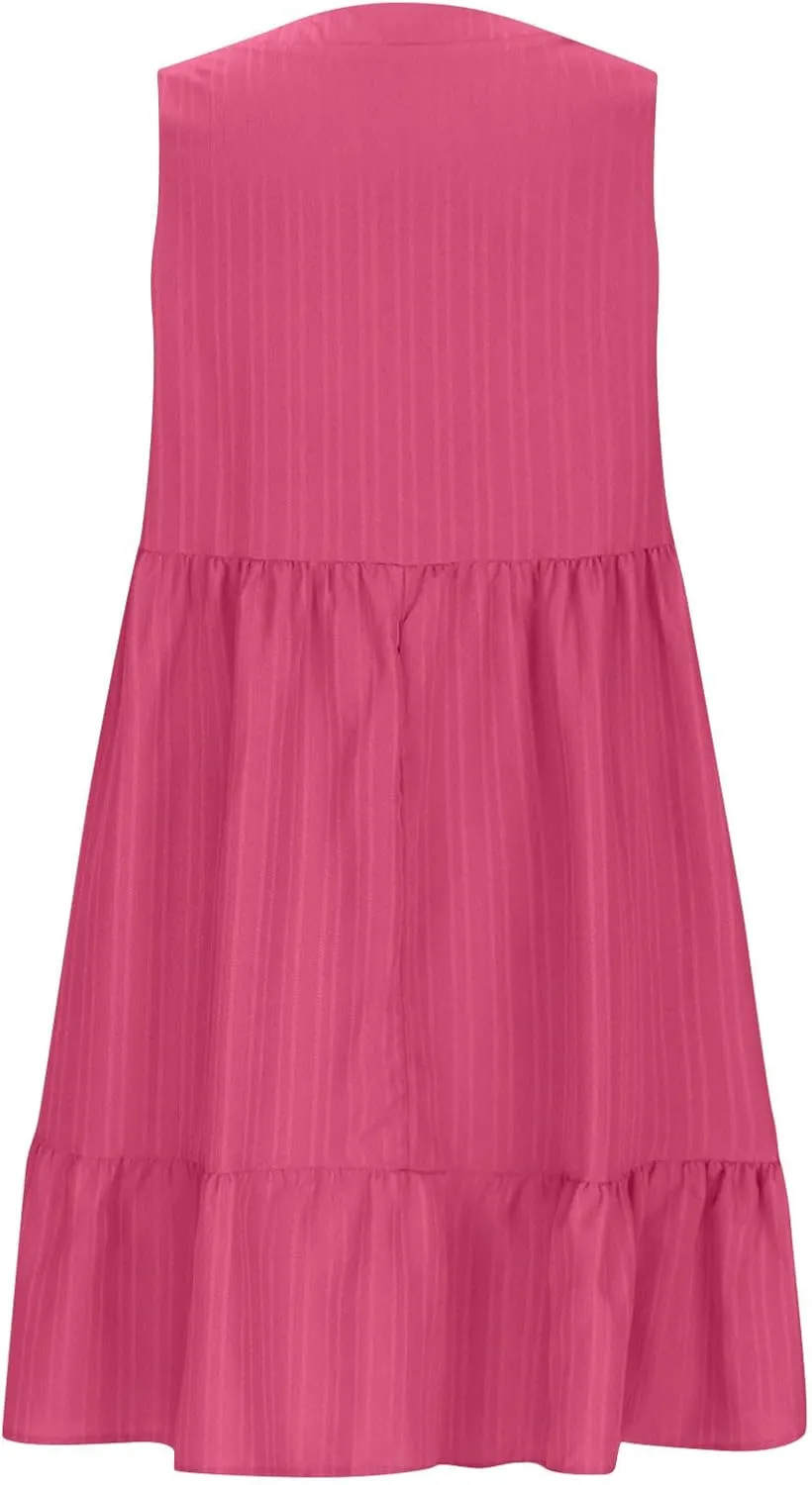 Ruffle Hem Beach Sundress for Women Summer Casual Wrinkles Sleeveless V Neck Tank Dresss Cute Babydoll Mini Dresses