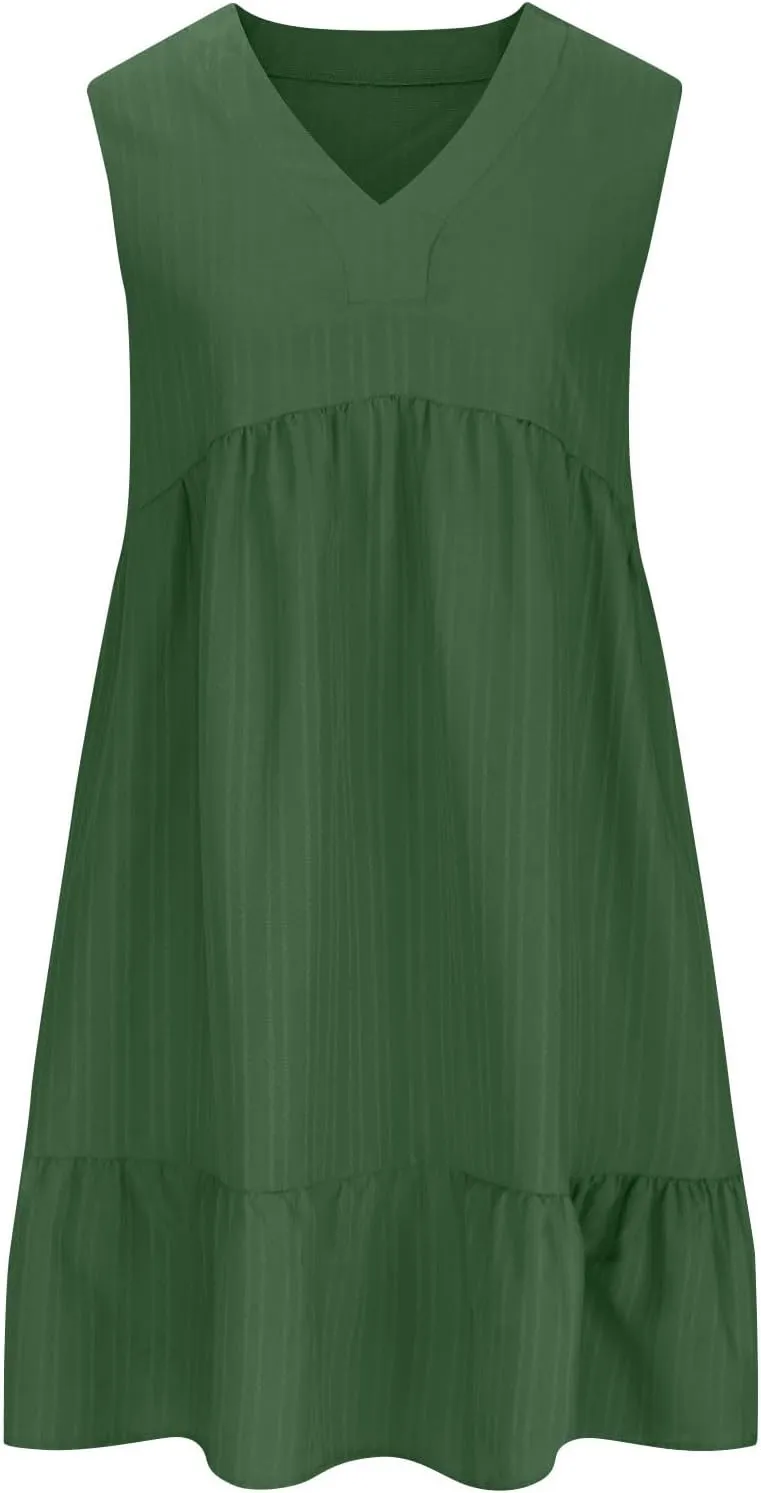 Ruffle Hem Beach Sundress for Women Summer Casual Wrinkles Sleeveless V Neck Tank Dresss Cute Babydoll Mini Dresses