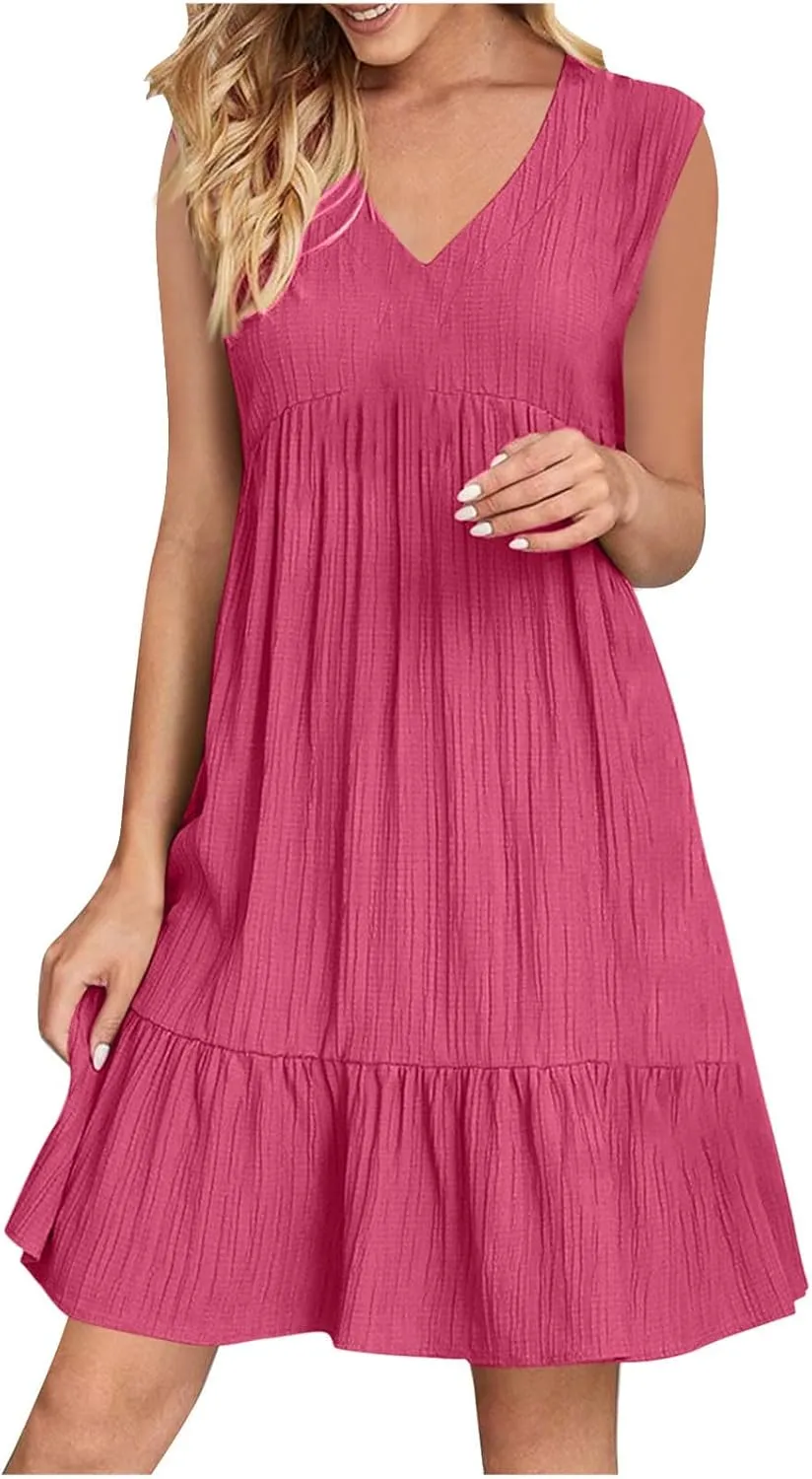 Ruffle Hem Beach Sundress for Women Summer Casual Wrinkles Sleeveless V Neck Tank Dresss Cute Babydoll Mini Dresses