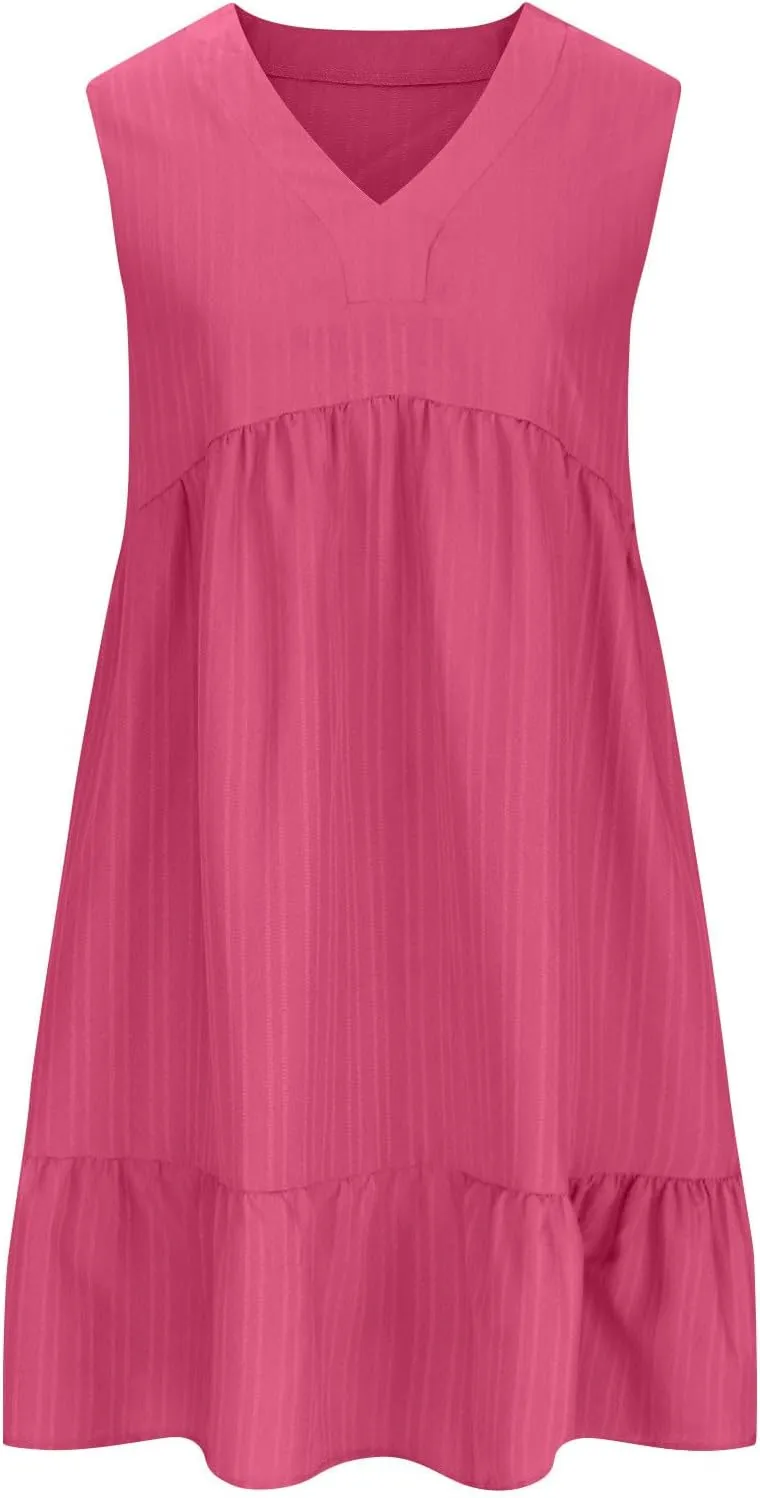 Ruffle Hem Beach Sundress for Women Summer Casual Wrinkles Sleeveless V Neck Tank Dresss Cute Babydoll Mini Dresses