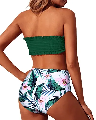 Ruffle Off Shoulder Bandeau Bikini Set Two Piece Smocked Swimsuits-Green Tropical Floral